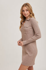 Mocha Ribbed Knit Henley Dress
