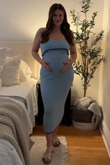 Light Blue Contrast Trim Maternity Strapless Knit Dress