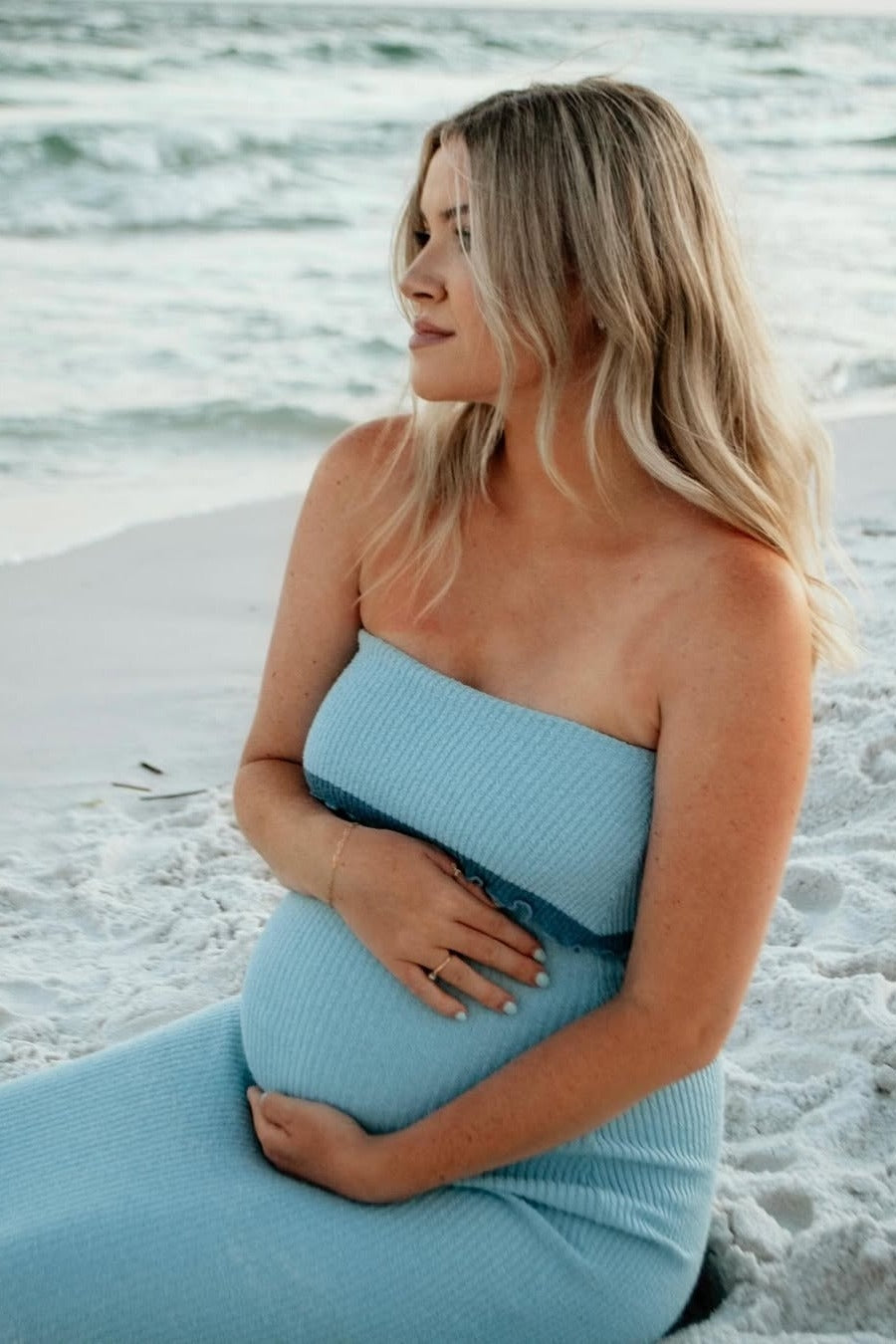 Light Blue Contrast Trim Maternity Strapless Knit Dress