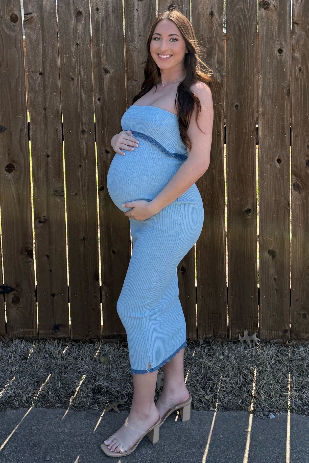 Light Blue Contrast Trim Maternity Strapless Knit Dress