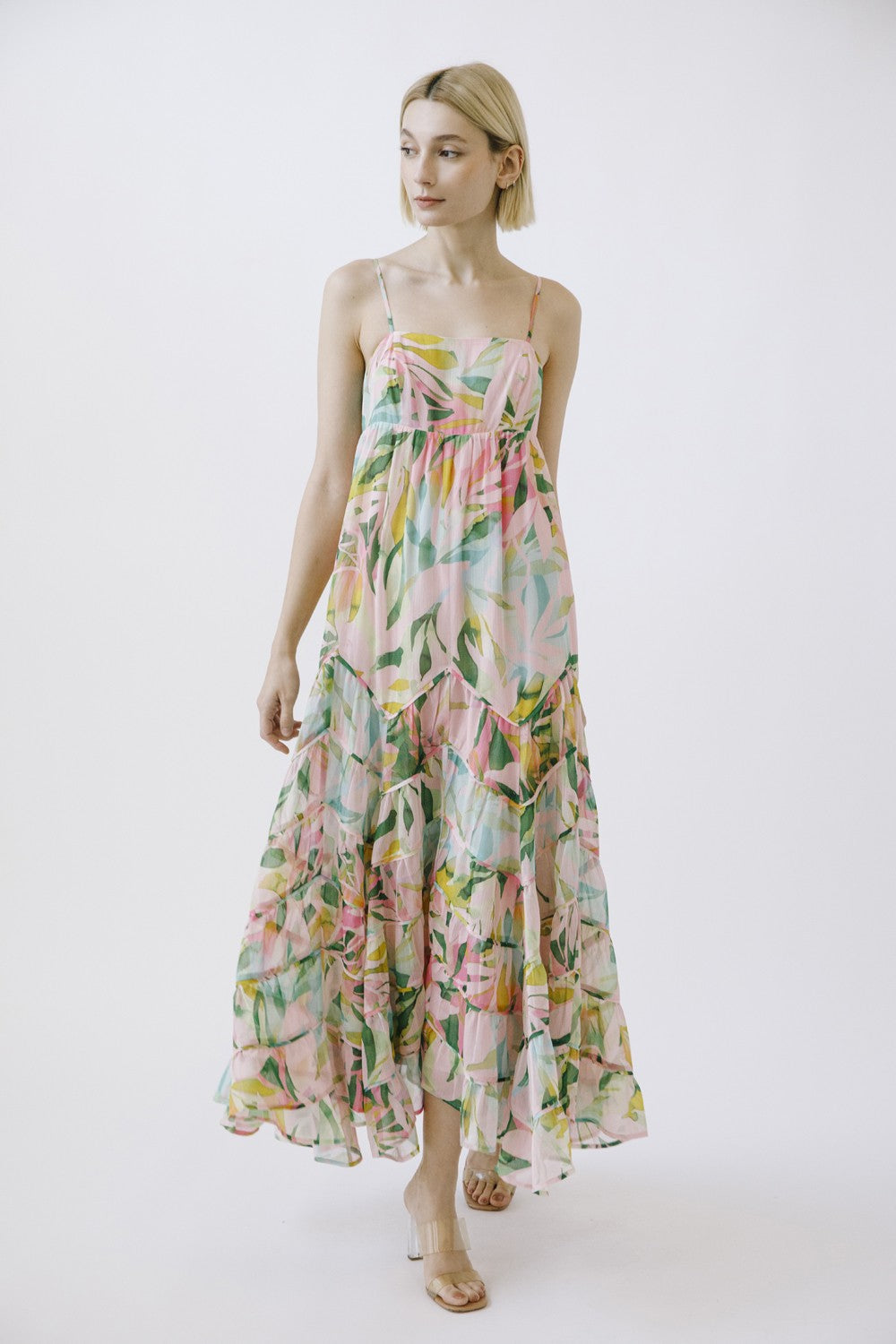 Pink Floral Tiered Ruffle Hem Maxi Dress