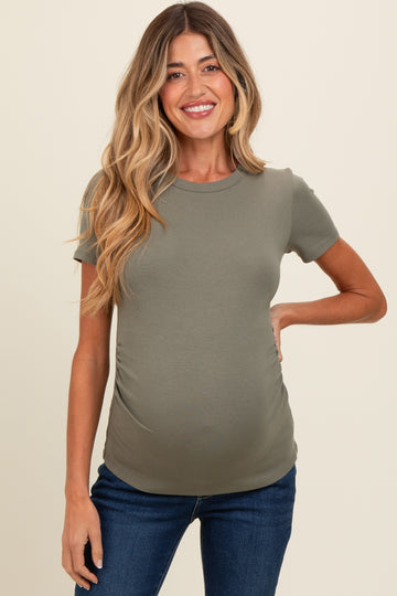 Olive Ruched Micro-Rib Maternity Top