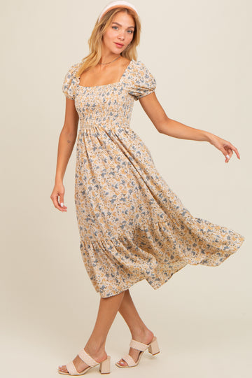 Cream Floral Smocked Ruffle Hem Midi Dress