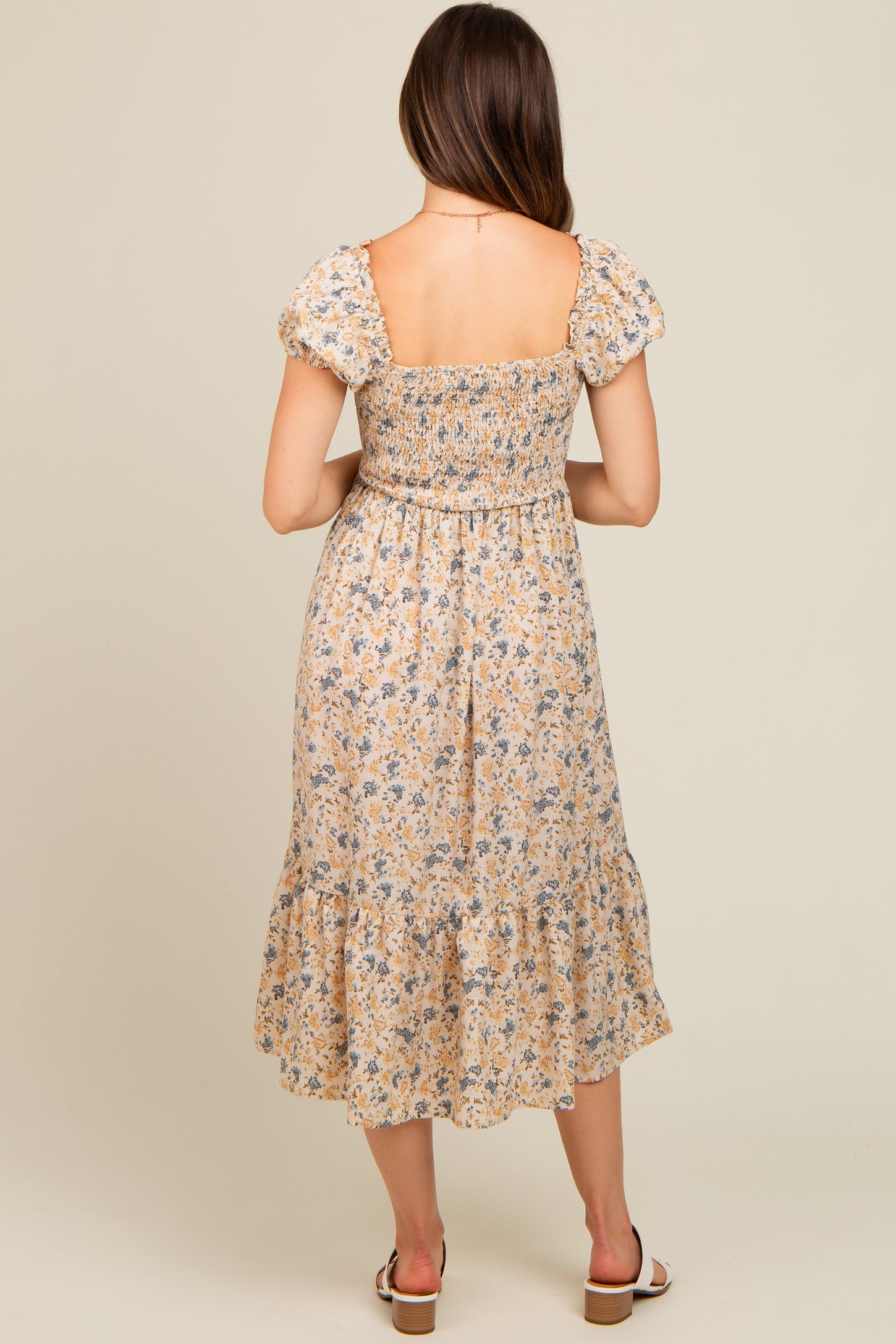 Cream Floral Smocked Ruffle Hem Maternity Midi Dress