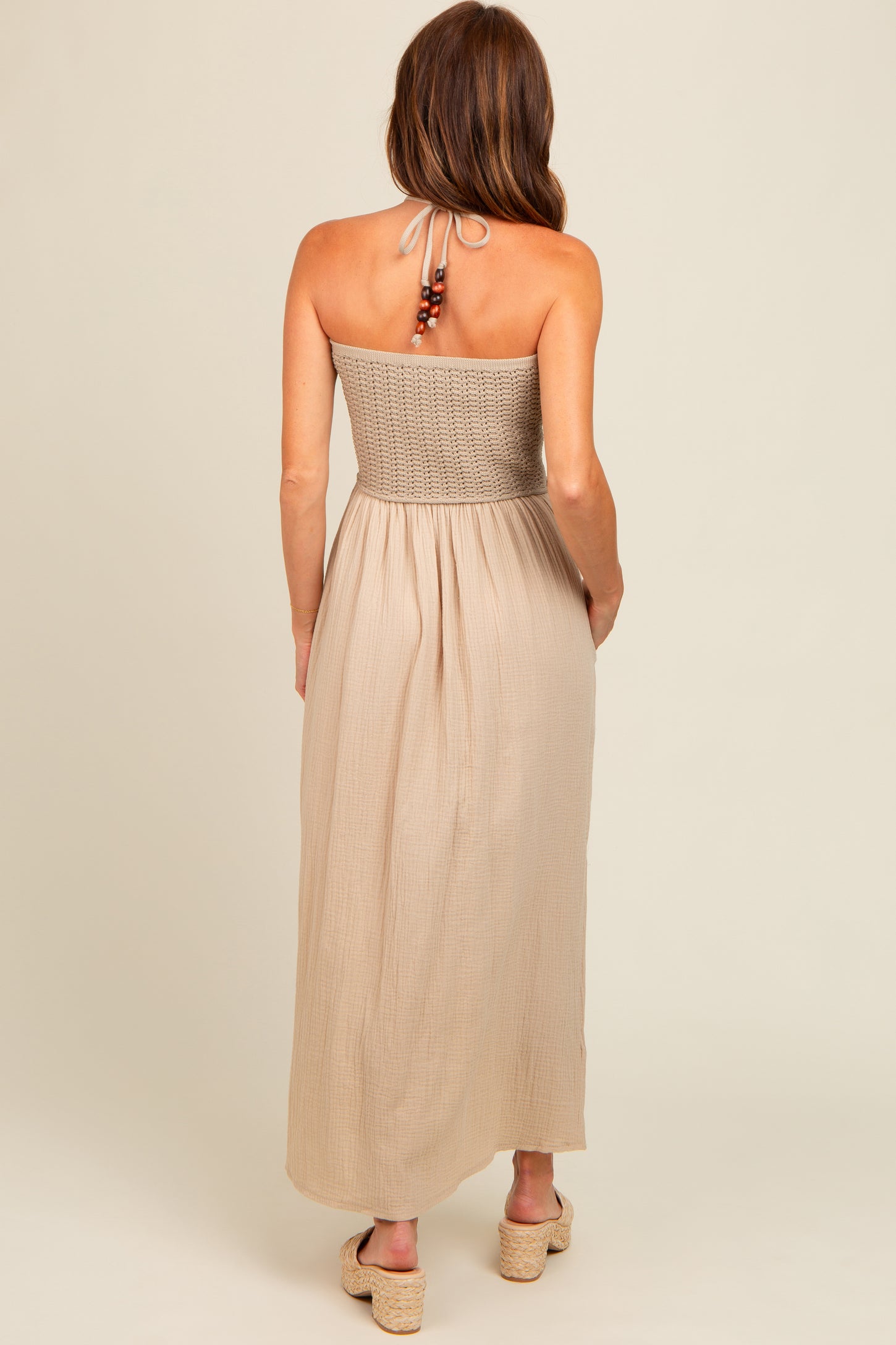 Beige Halter Crochet Top Maxi Dress