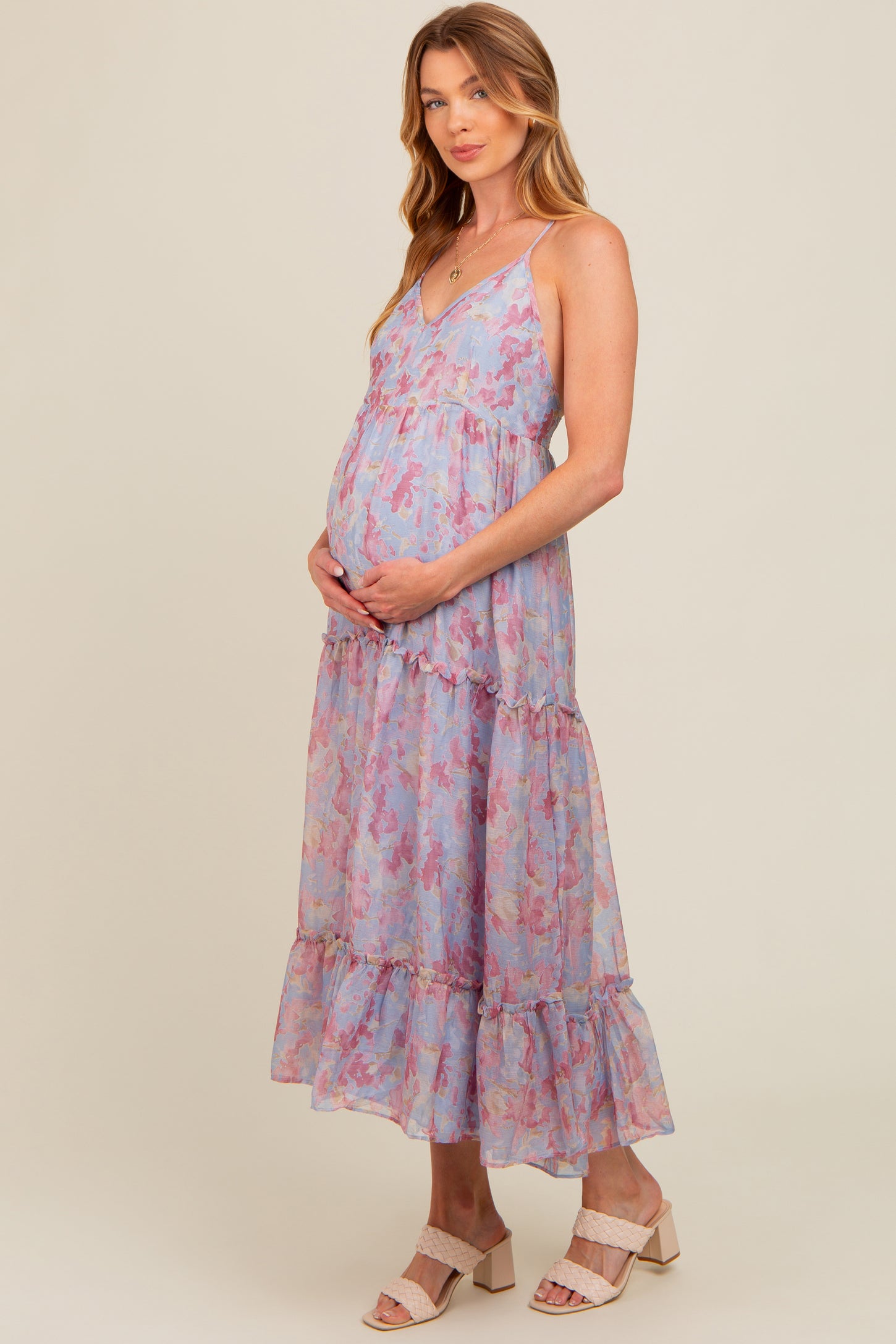 Periwinkle Abstract Floral Crisscross Back Maternity Maxi Dress