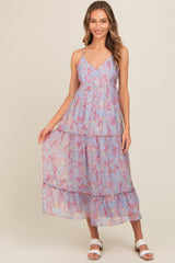 Periwinkle Abstract Floral Crisscross Back Maxi Dress
