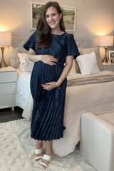 Navy Satin Pleated Sash Tie Maternity Midi Dress