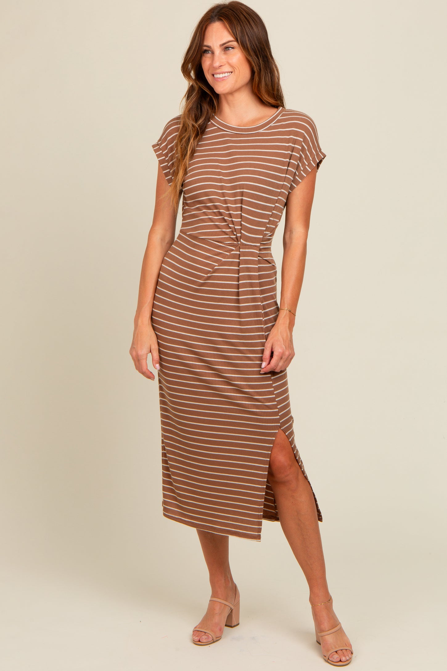 Brown Striped Gathered Waist Dress