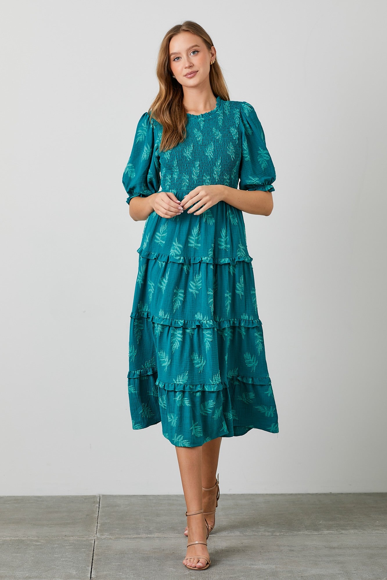 Teal Leaf Print Smocked Midi Dress