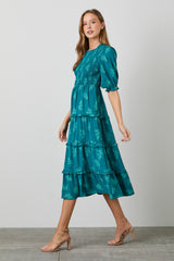 Teal Leaf Print Smocked Midi Dress