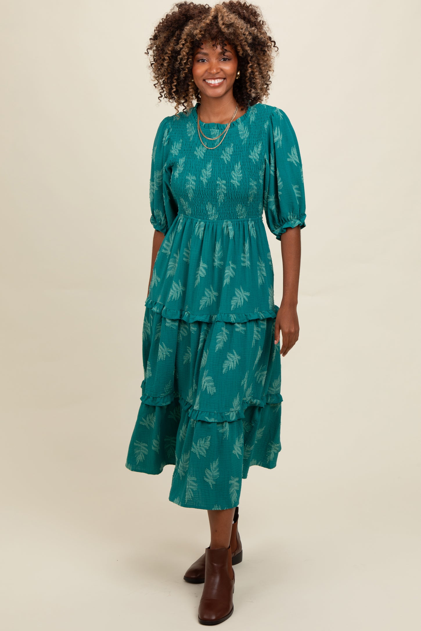 Teal Leaf Print Smocked Midi Dress