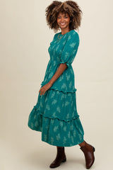 Teal Leaf Print Smocked Midi Dress