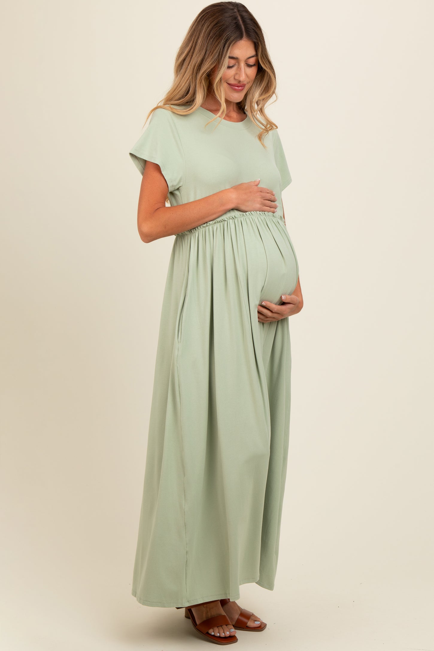 Light Olive Ruffle Trim Maternity Maxi Dress