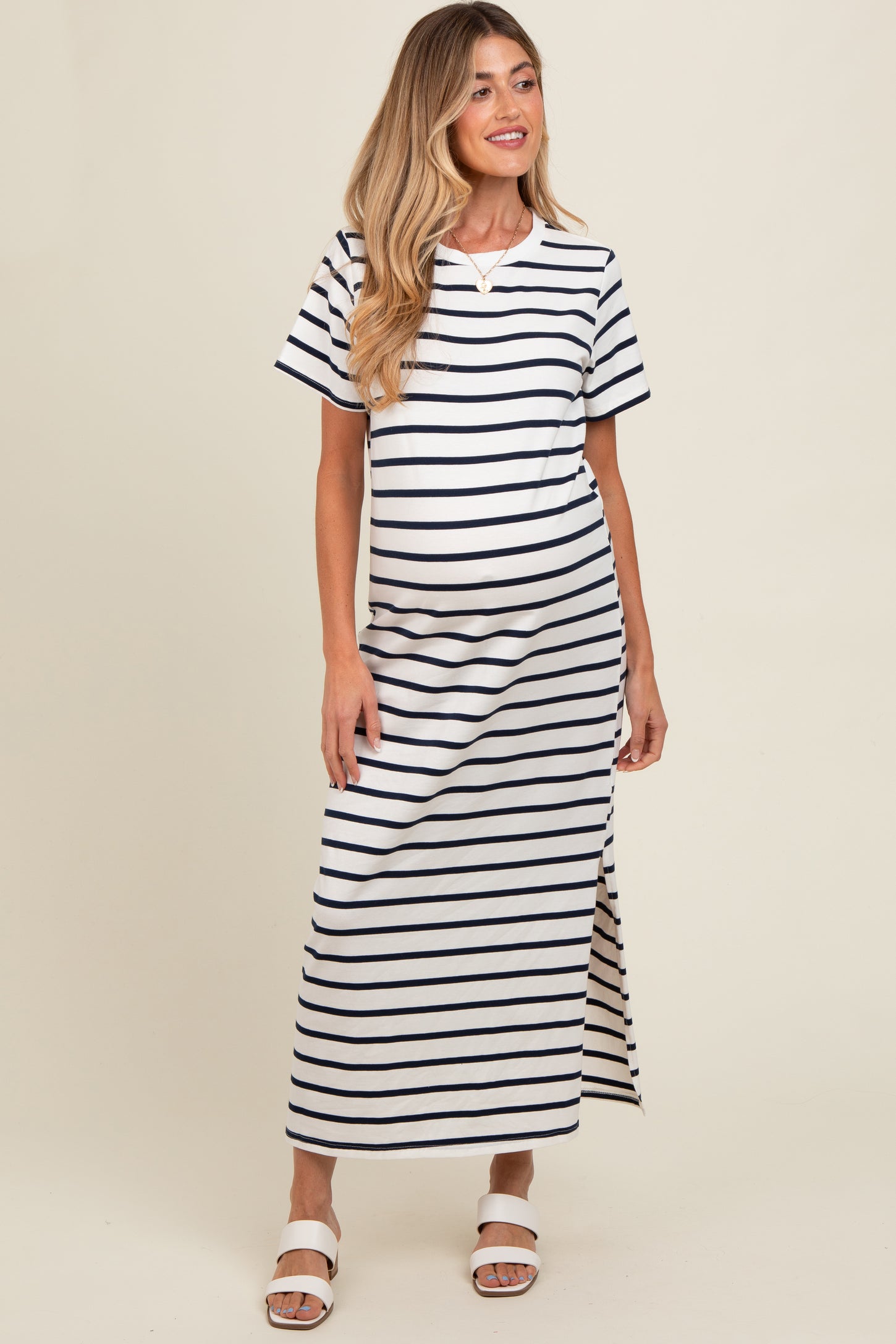 Navy Striped Side Slit Maternity Maxi Dress