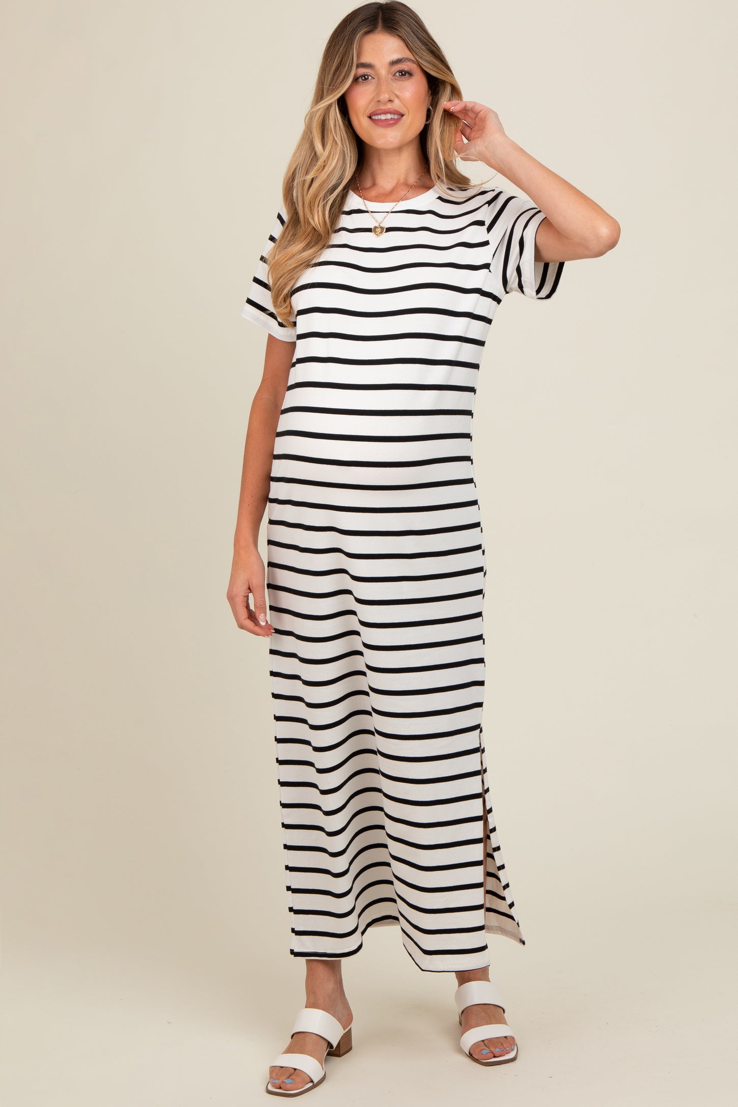 White Striped Side Slit Maternity Maxi Dress