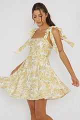 Yellow Floral Print Shoulder Strap Mini Dress