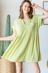 Lime Texture Knit Pocket Pleat Mini Dress