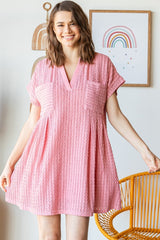 Pink Texture Knit Pocket Pleat Mini Dress