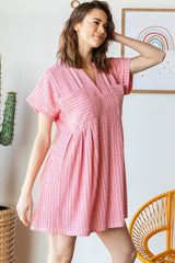 Pink Texture Knit Pocket Pleat Mini Dress