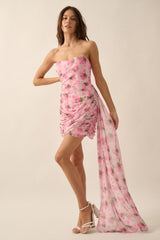 Soft Pink Floral Mesh Corset-Bodice Strapless Mini Dress