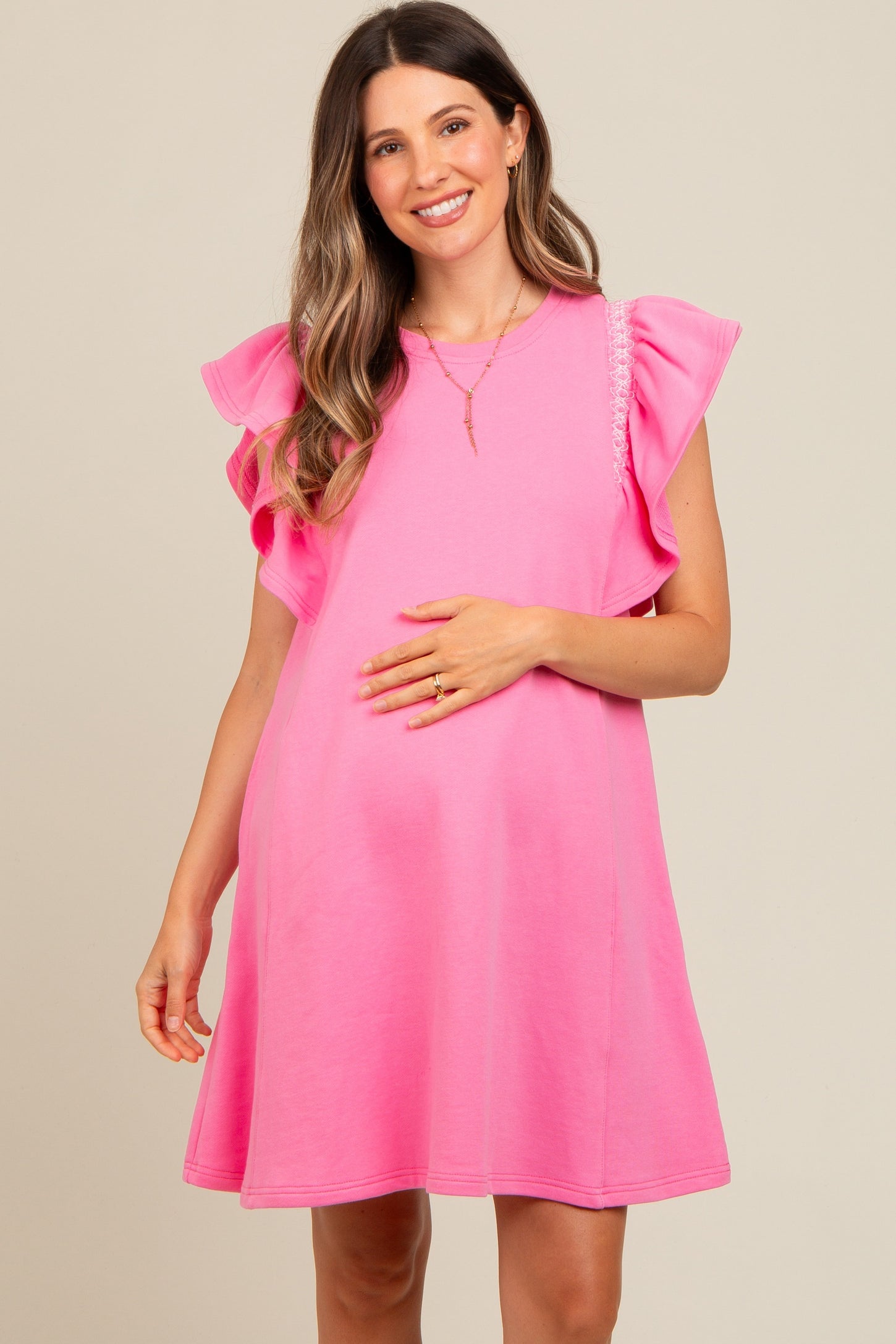 Pink Embroidered Ruffle Sleeve Maternity Dress