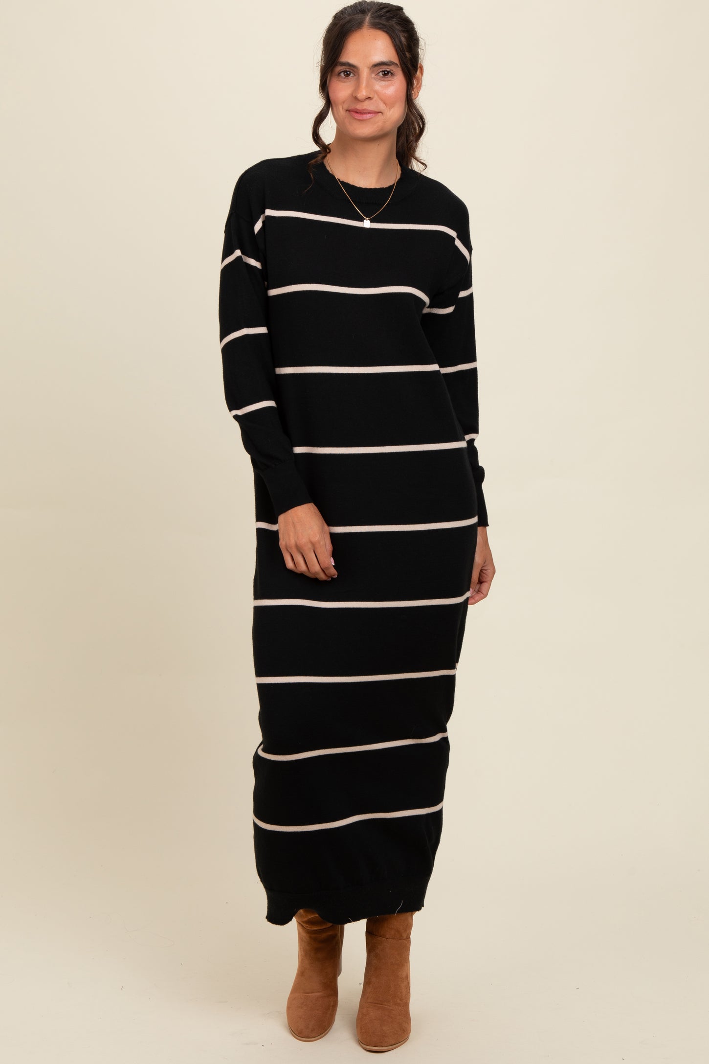 Black Striped Knit Drop Shoulder Midi Dress