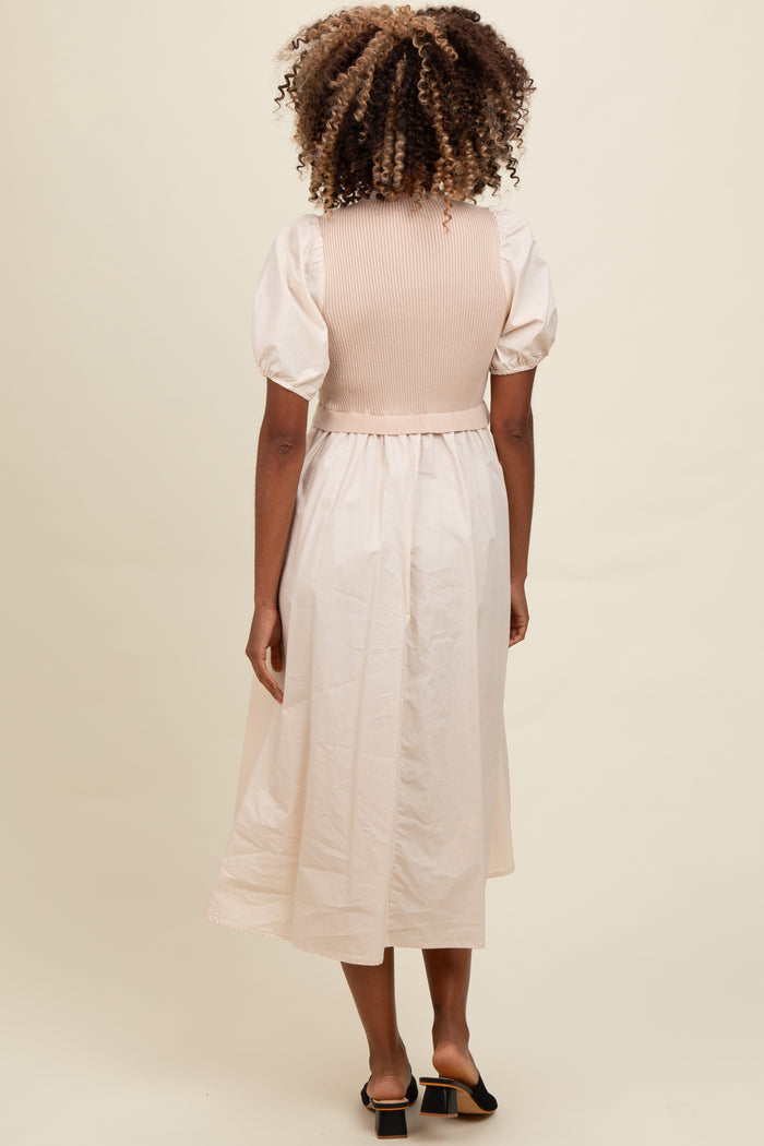 Cream Contrast Knit Bodice Midi Dress