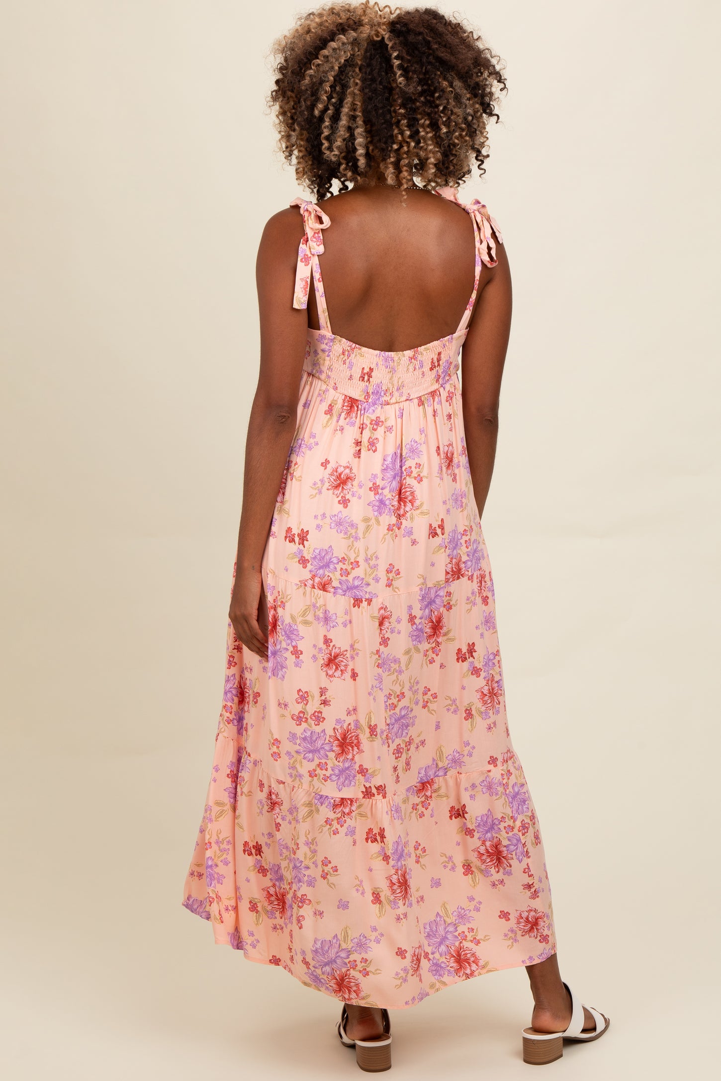 Peach Floral Tie Strap Maxi Dress