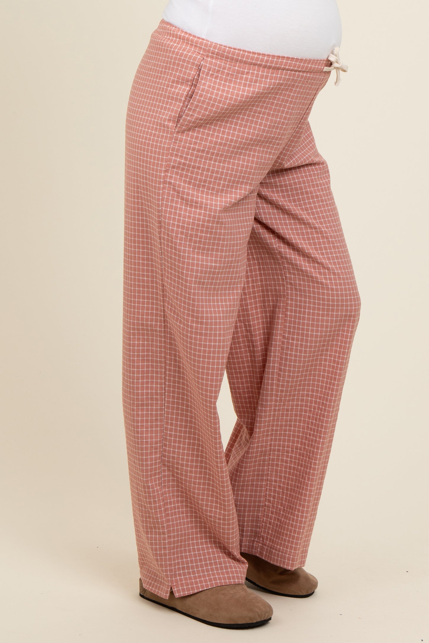 Pink Drawstring Checker Plaid Maternity Pants