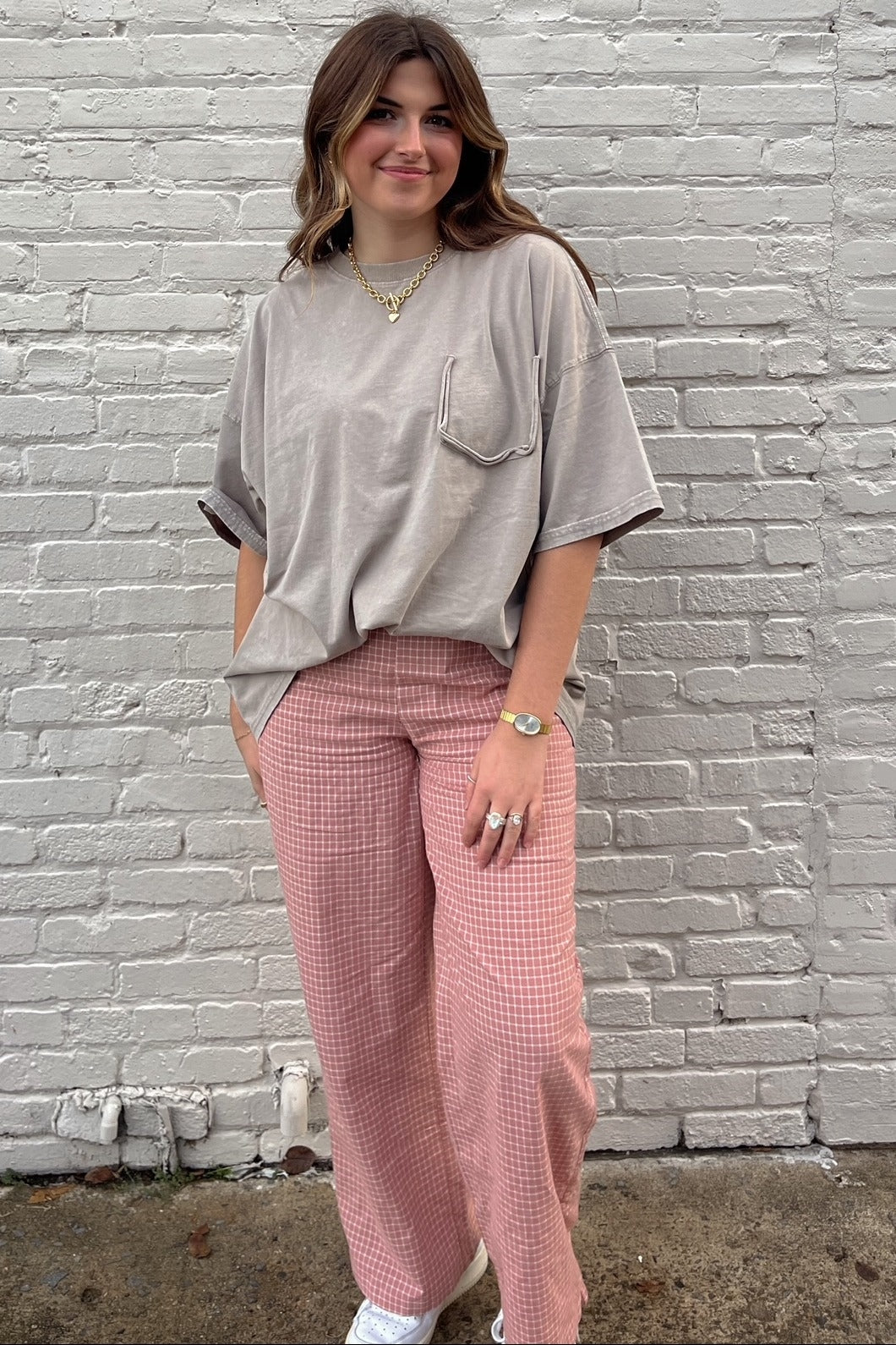 Pink Drawstring Checker Plaid Pants