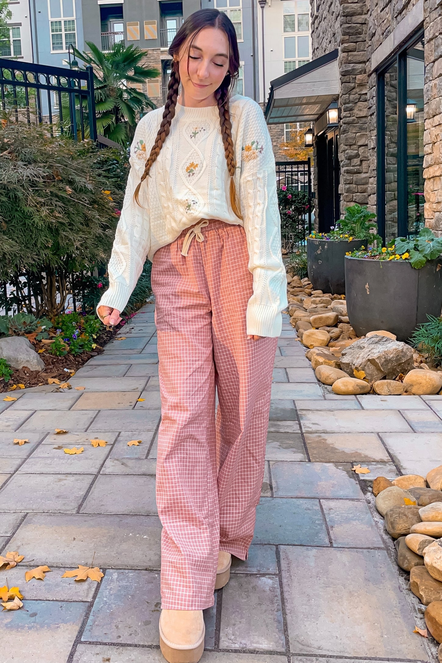 Pink Drawstring Checker Plaid Pants