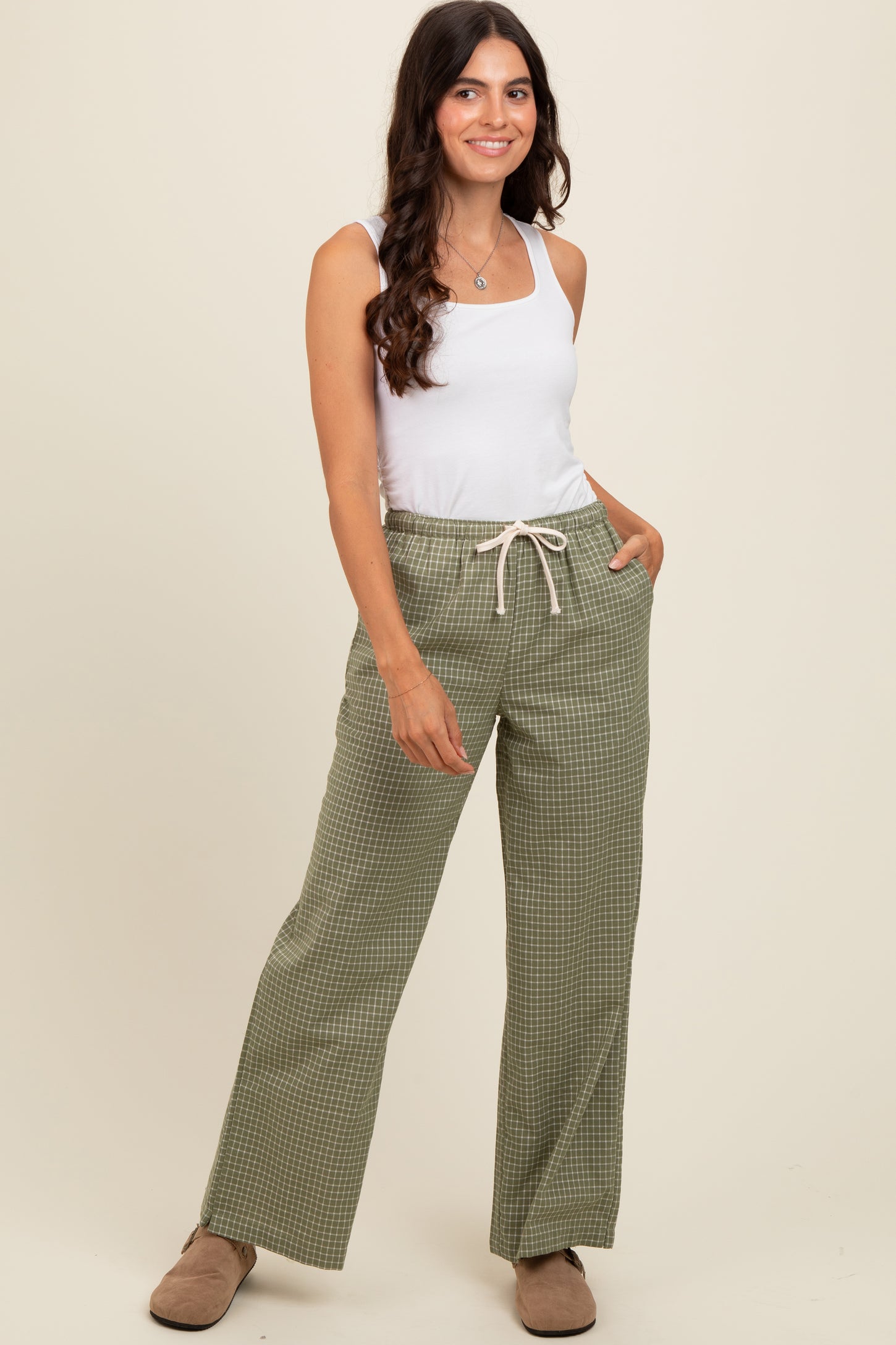 Olive Drawstring Checker Plaid Pants