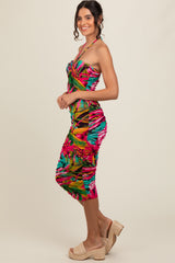 Fuchsia Tropical Halter Fitted Midi Dress