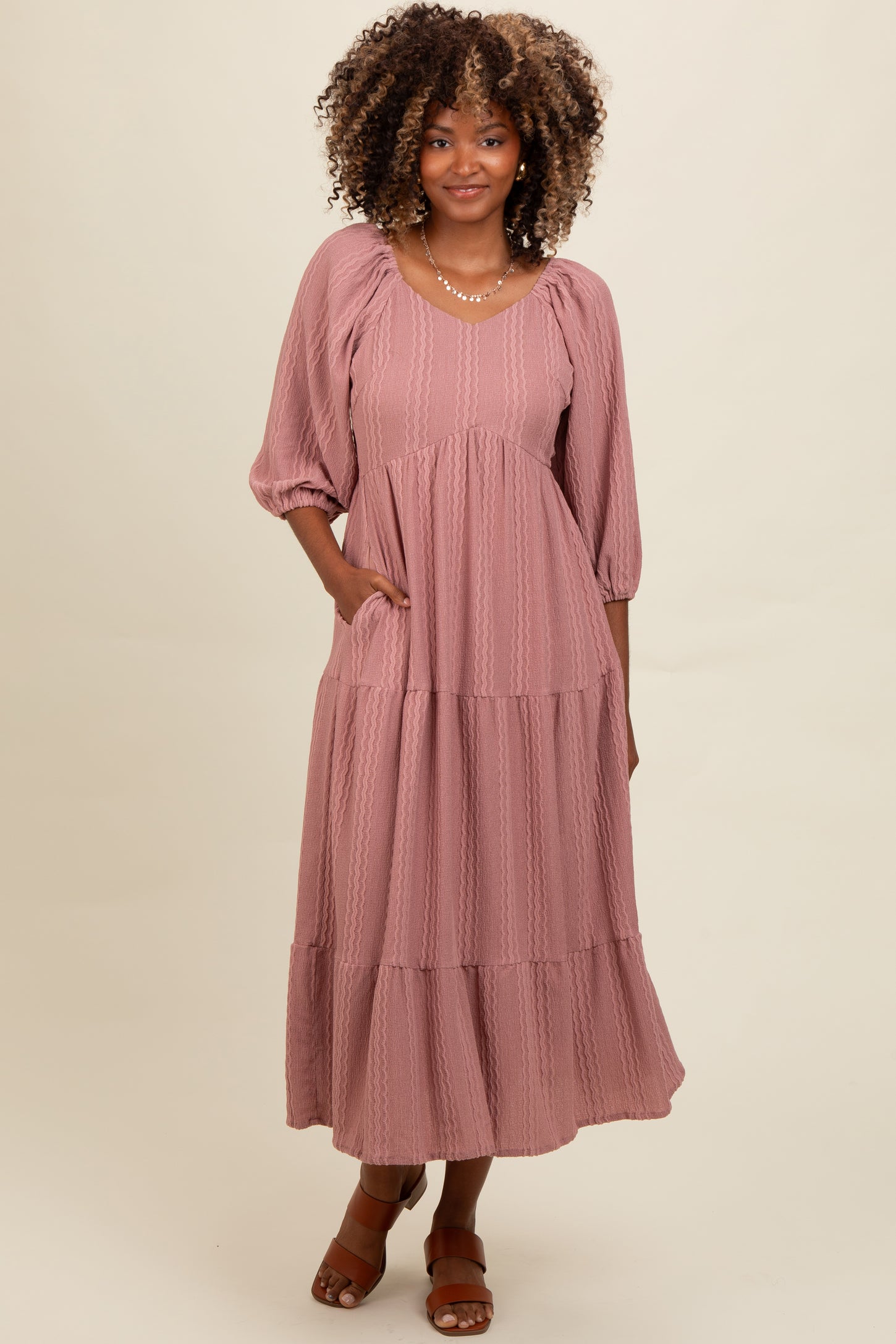 Mauve Embroidered Tiered Midi Dress