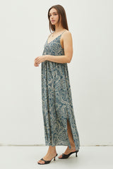 Teal Paisley Babydoll Cami Strap Maxi Dress