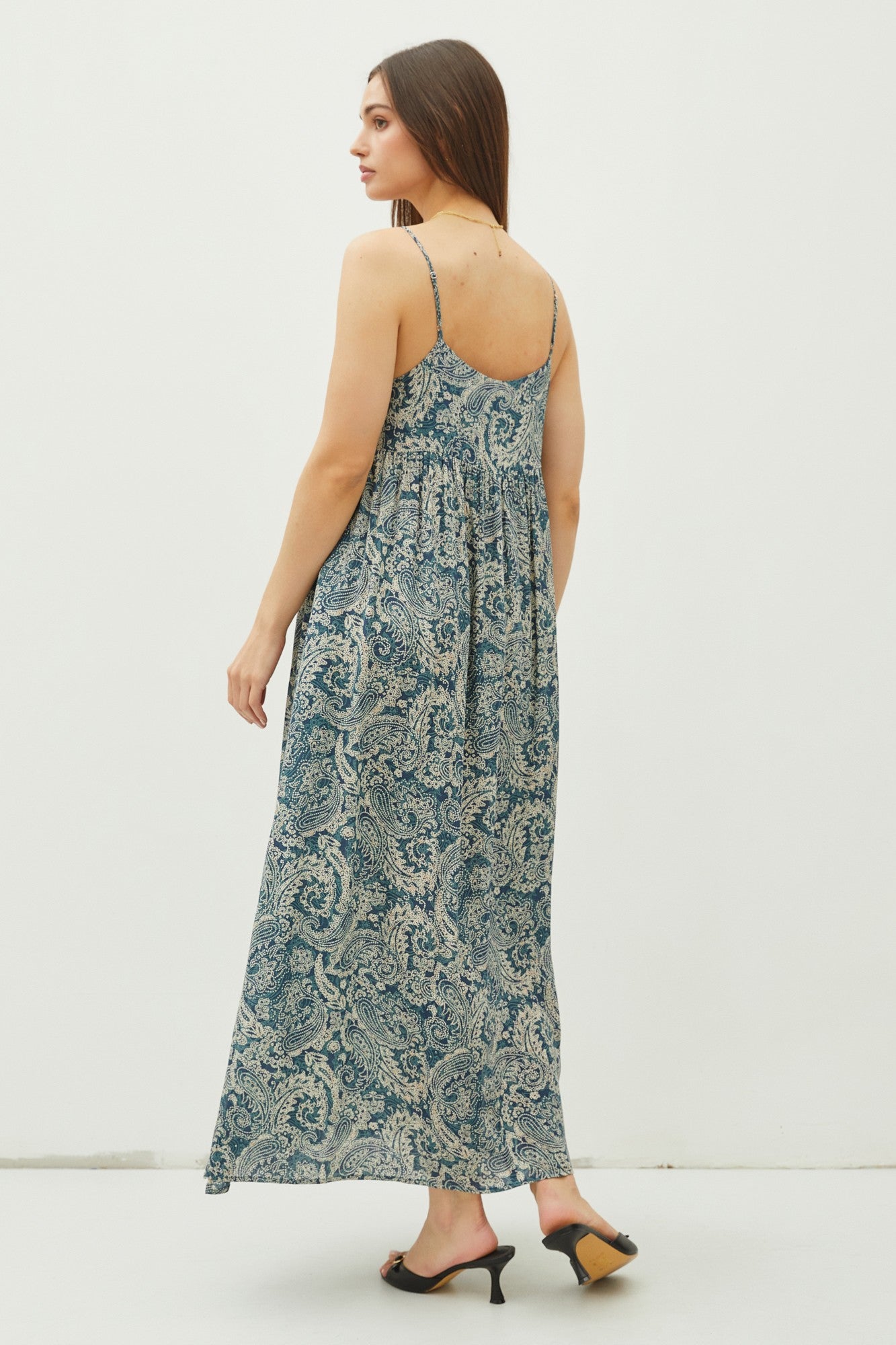 Teal Paisley Babydoll Cami Strap Maxi Dress