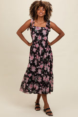 Black Floral Print Tie Strap Midi Dress
