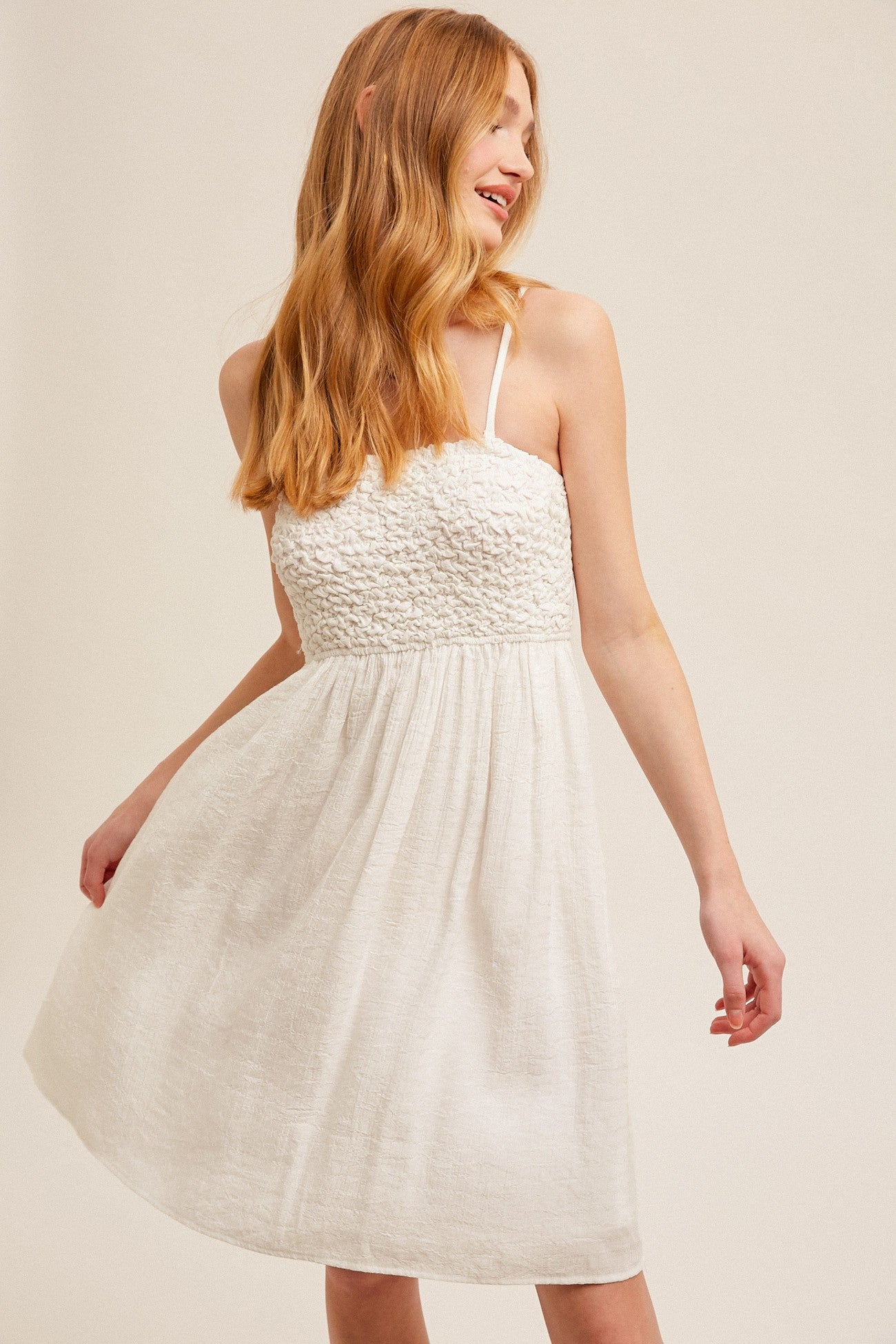 White Textured Smocked Dress