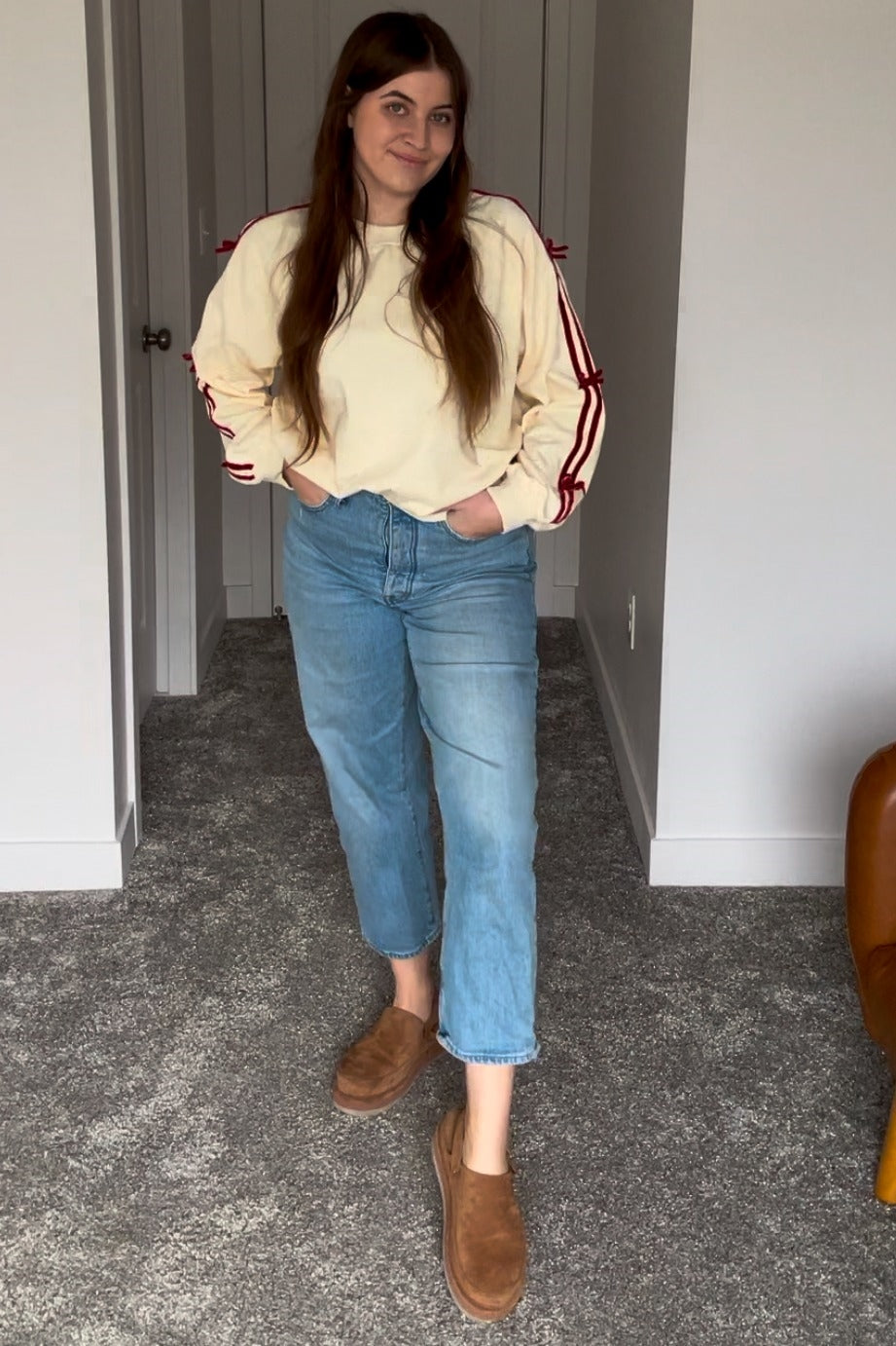 Cream Velvet Bow Accent Sweatshirt