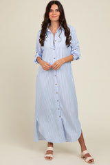 Light Blue Striped Button Down Maternity Maxi Dress