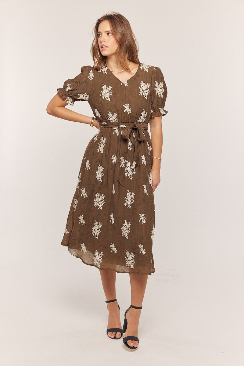 Brown Embroidered Sash Tie Maternity Midi Dress