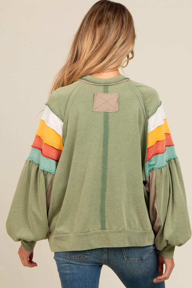 Olive Colorblock Bubble Sleeve Maternity Pullover