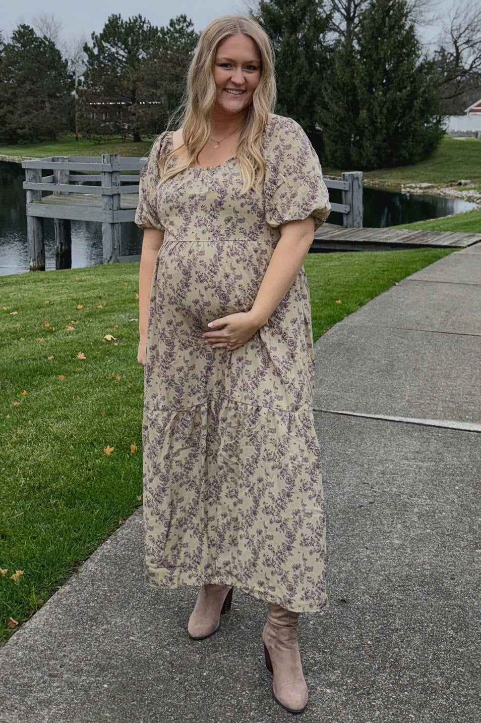 Mocha Floral Ruffle Hem Maternity Midi Dress