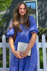 Royal Blue Gauze Smocked Embroidered Square Neck Midi Dress