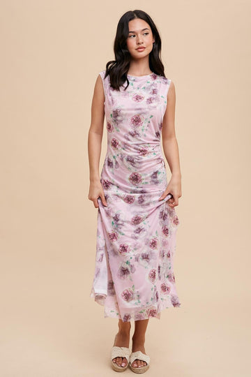 Lavender Rose Print Ruched Mesh Dress