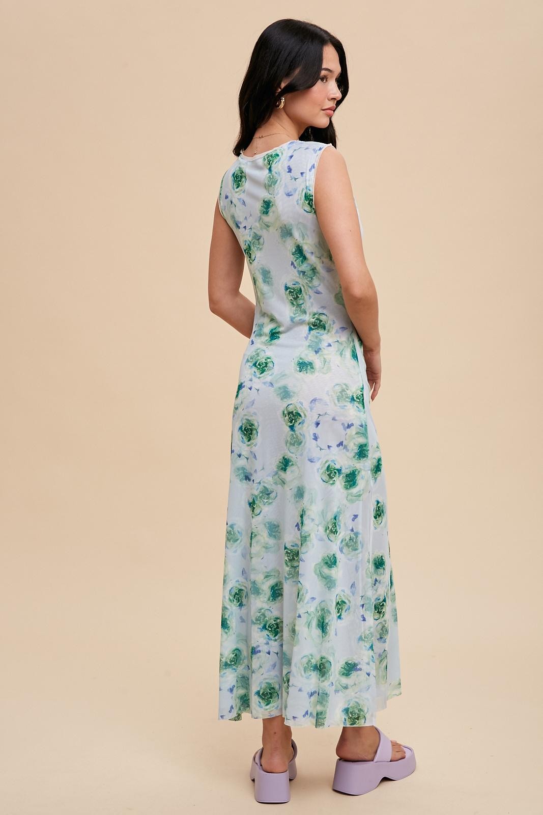 Light Blue Rose Print Ruched Mesh Dress