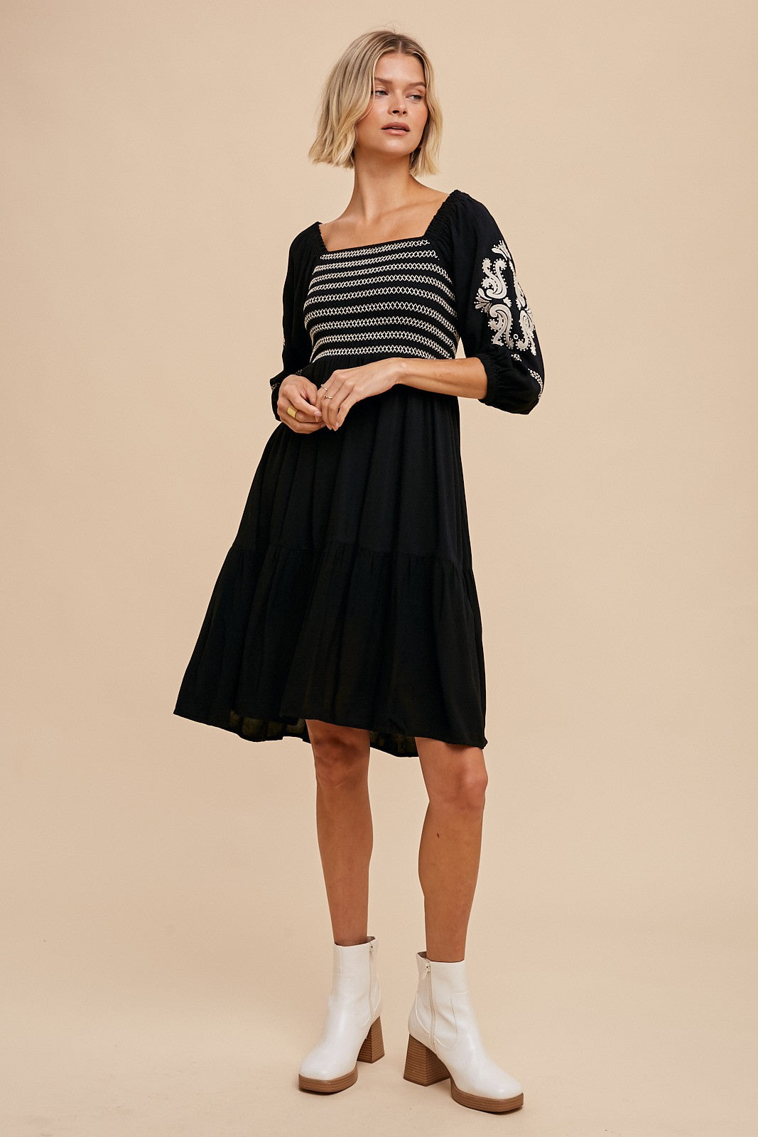 Black Smocked Embroidered Damask Maternity Dress