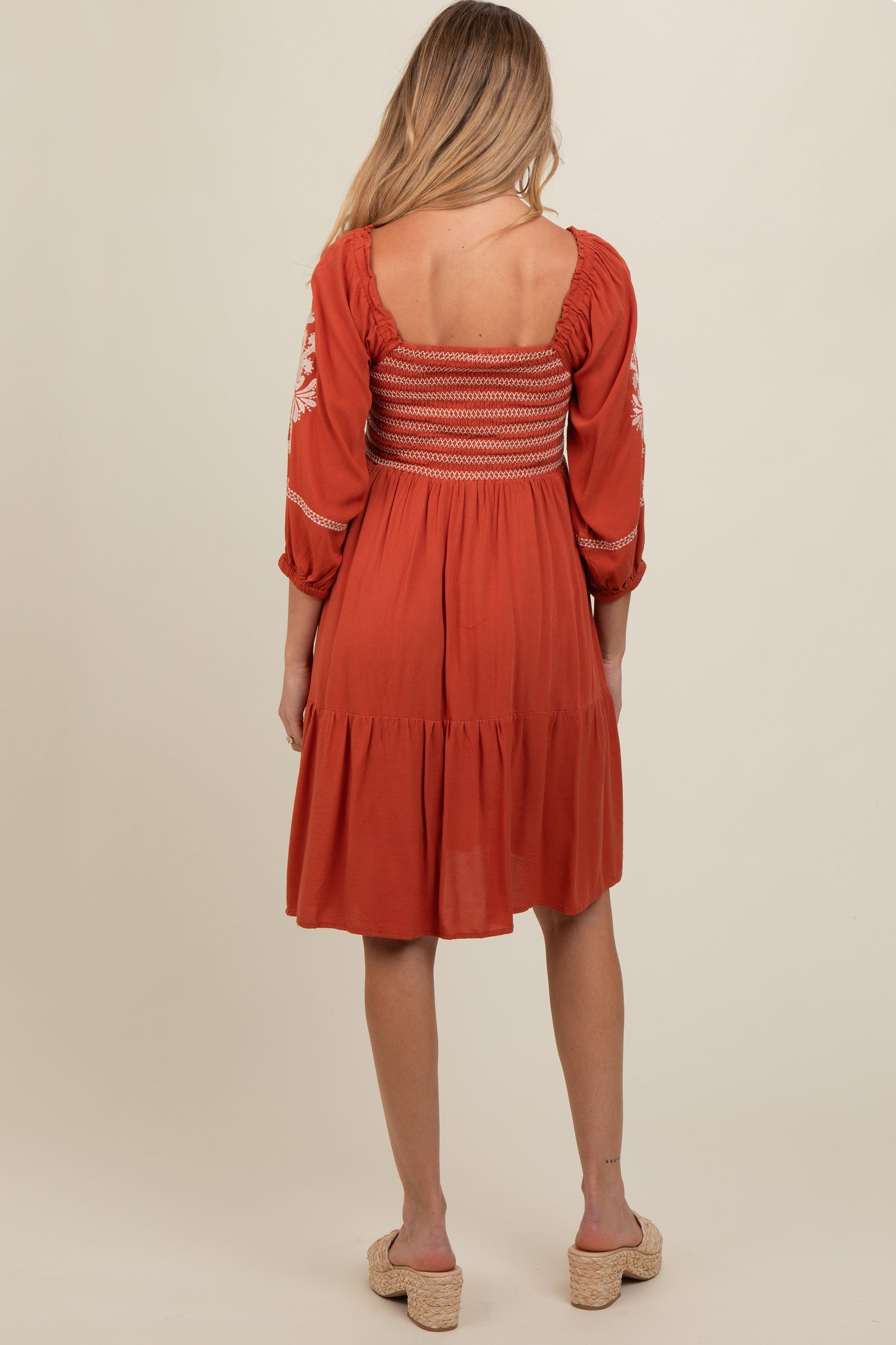 Rust Smocked Embroidered Damask Maternity Dress