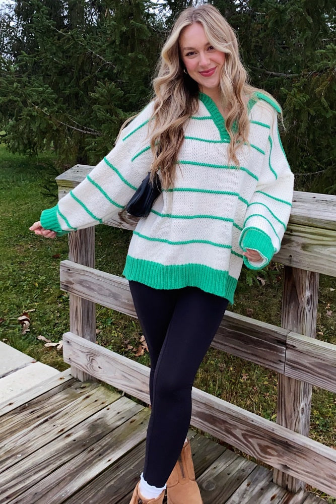Green Striped Collared Dolman Sleeve Sweater